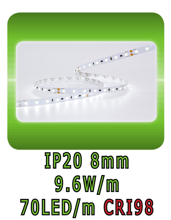 CRI98 9.6W/m 8mm 70LED/m IP20